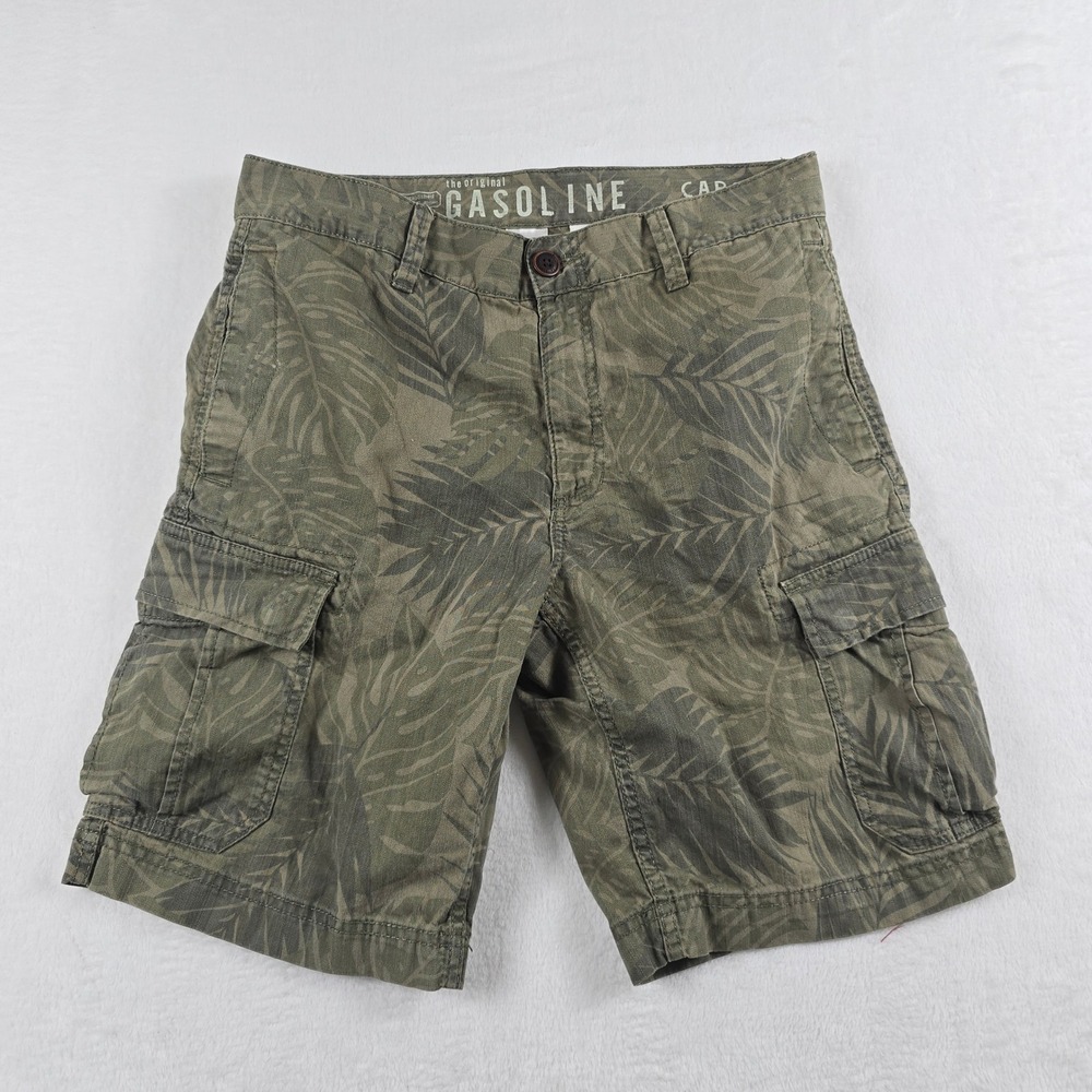 Gasoline Mens Olive Green Tropical Leaf Print Cargo Shorts Size 32 Cotton